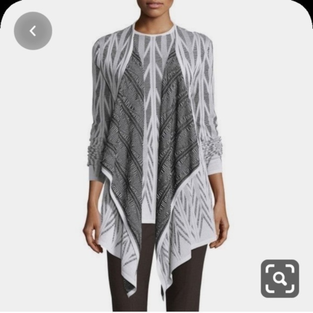 St. John Black/White Viscose Wool Ziri Knit Open Front Waterfall Cardigan Medium